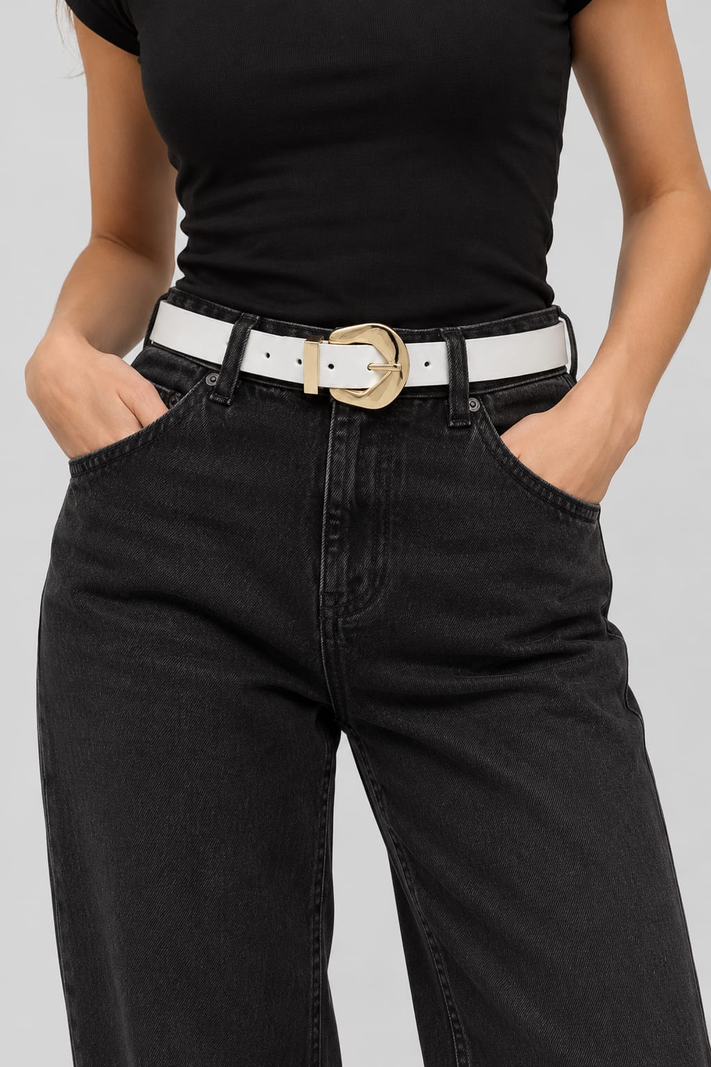 White Belt with Sculpted Gold Buckle