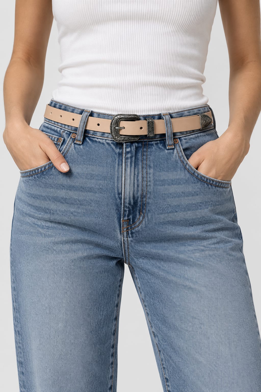 Belt | Beige Western Antique Silver Hardware