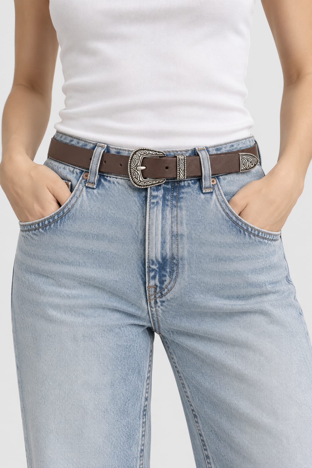 Belt | Dark Brown Western Antique Silver Hardware