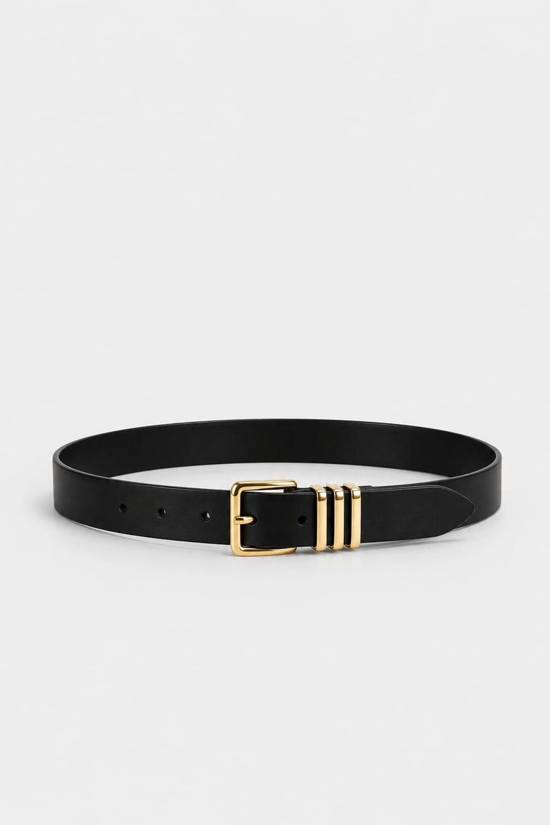 Belt | Black Square Triple-Loop Gold-Buckle Gold Belt CIZARO - Cizaro Jeans