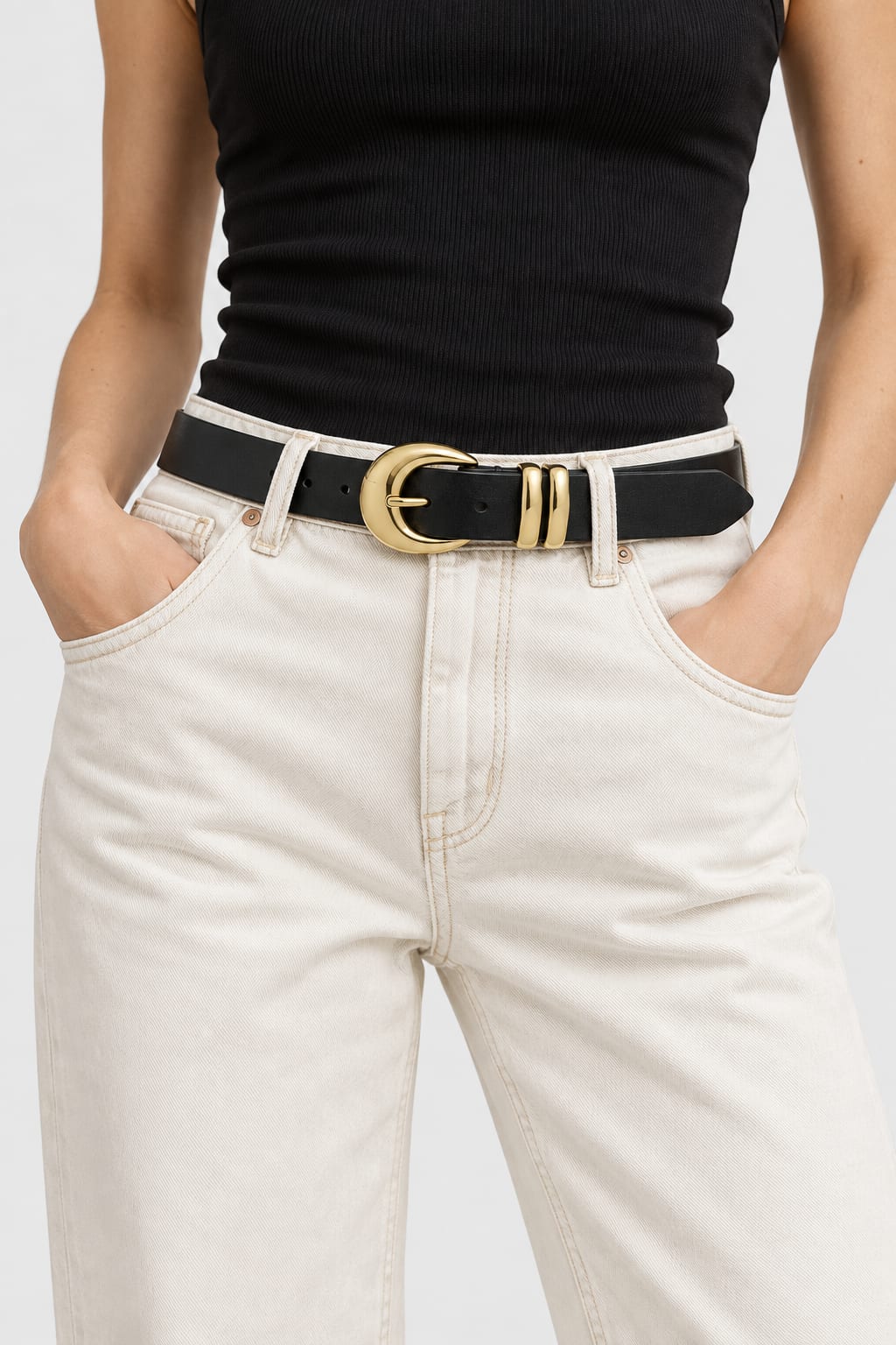 Belt | Black Round Gold-Buckle Gold Belt CIZARO - Cizaro Jeans