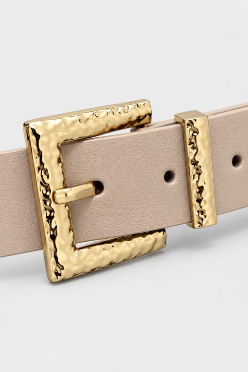 Beige Belt with Hammered Gold Square Buckle