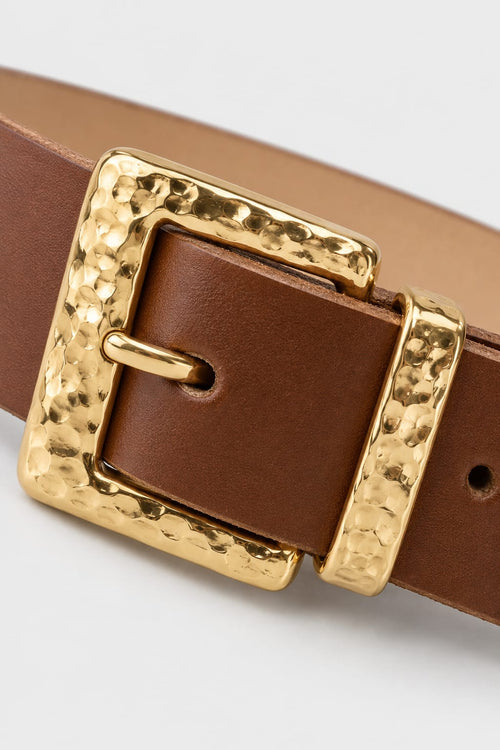 Brown Belt with Hammered Gold Square Buckle