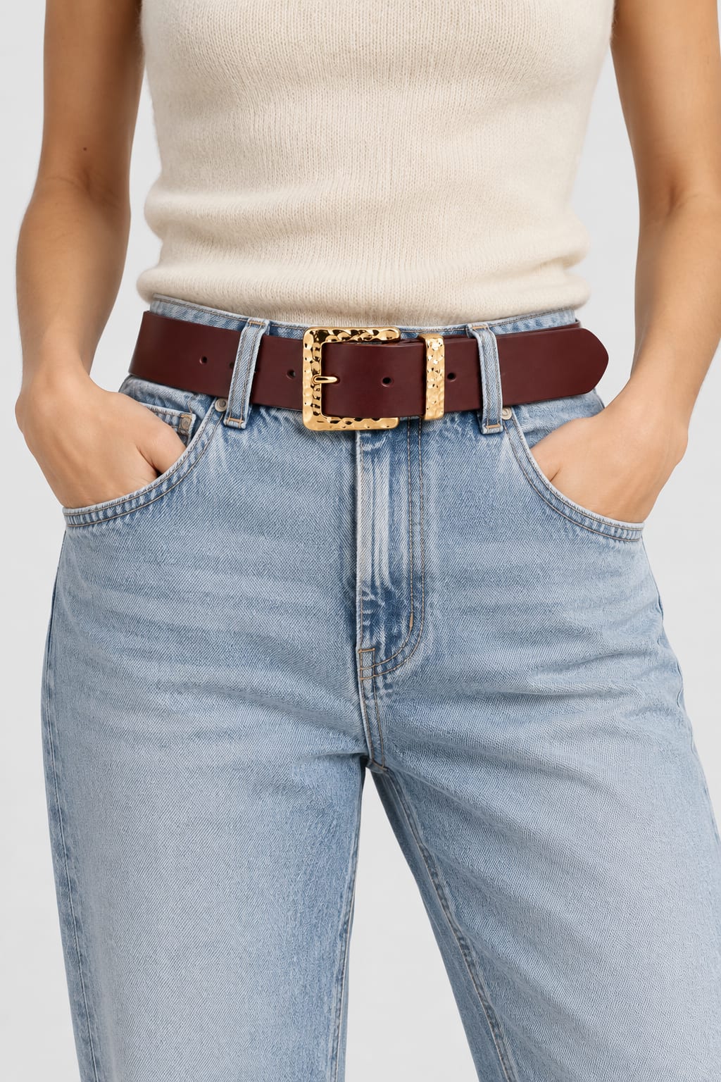 Belt | Burgundy Hammered Gold Square Buckle