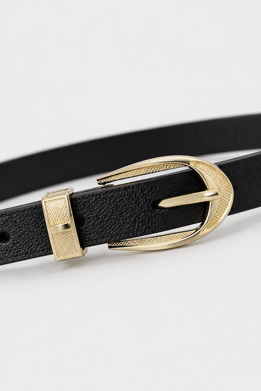Black Slim Belt with Textured Gold Oval Buckle