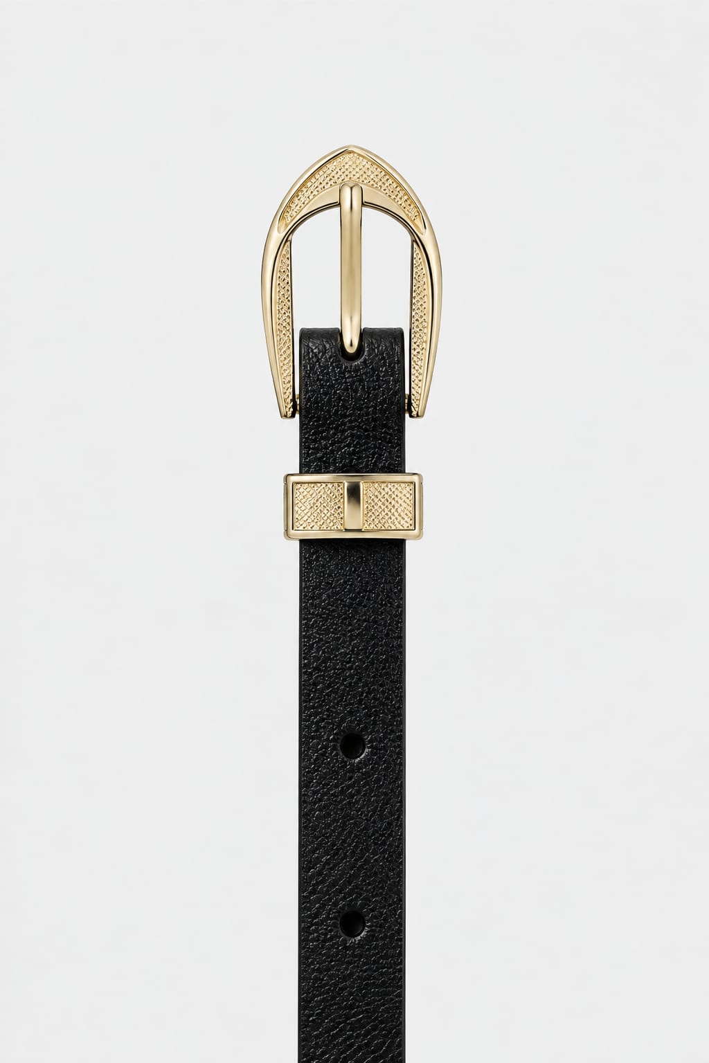 Black Slim Belt with Textured Gold Oval Buckle