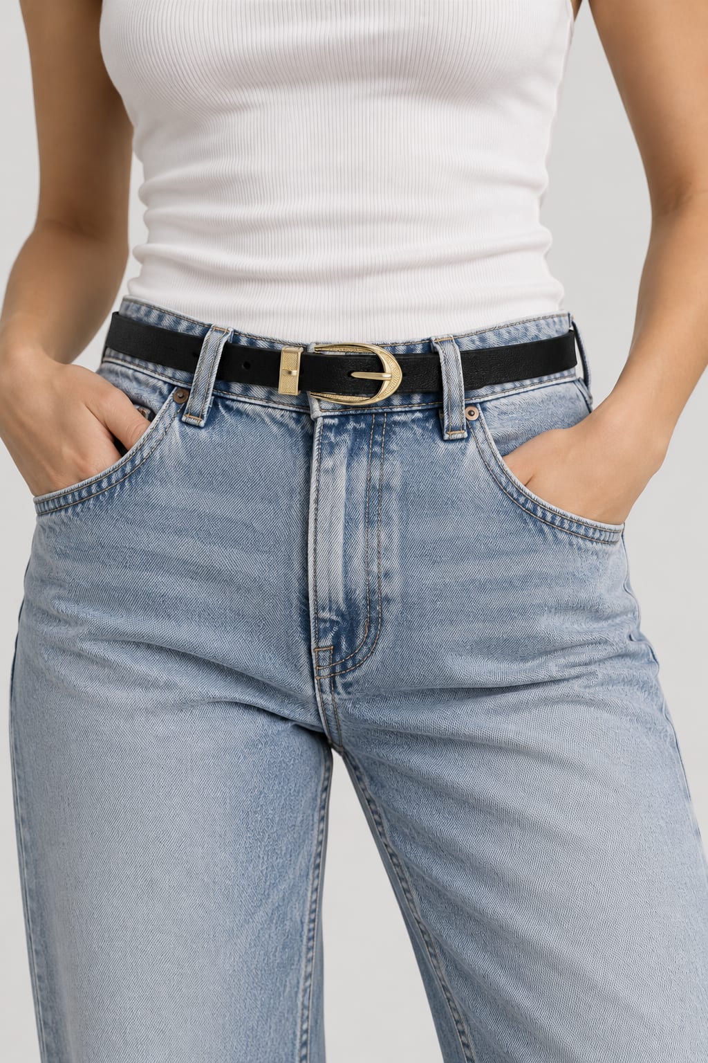 Black Slim Belt with Textured Gold Oval Buckle