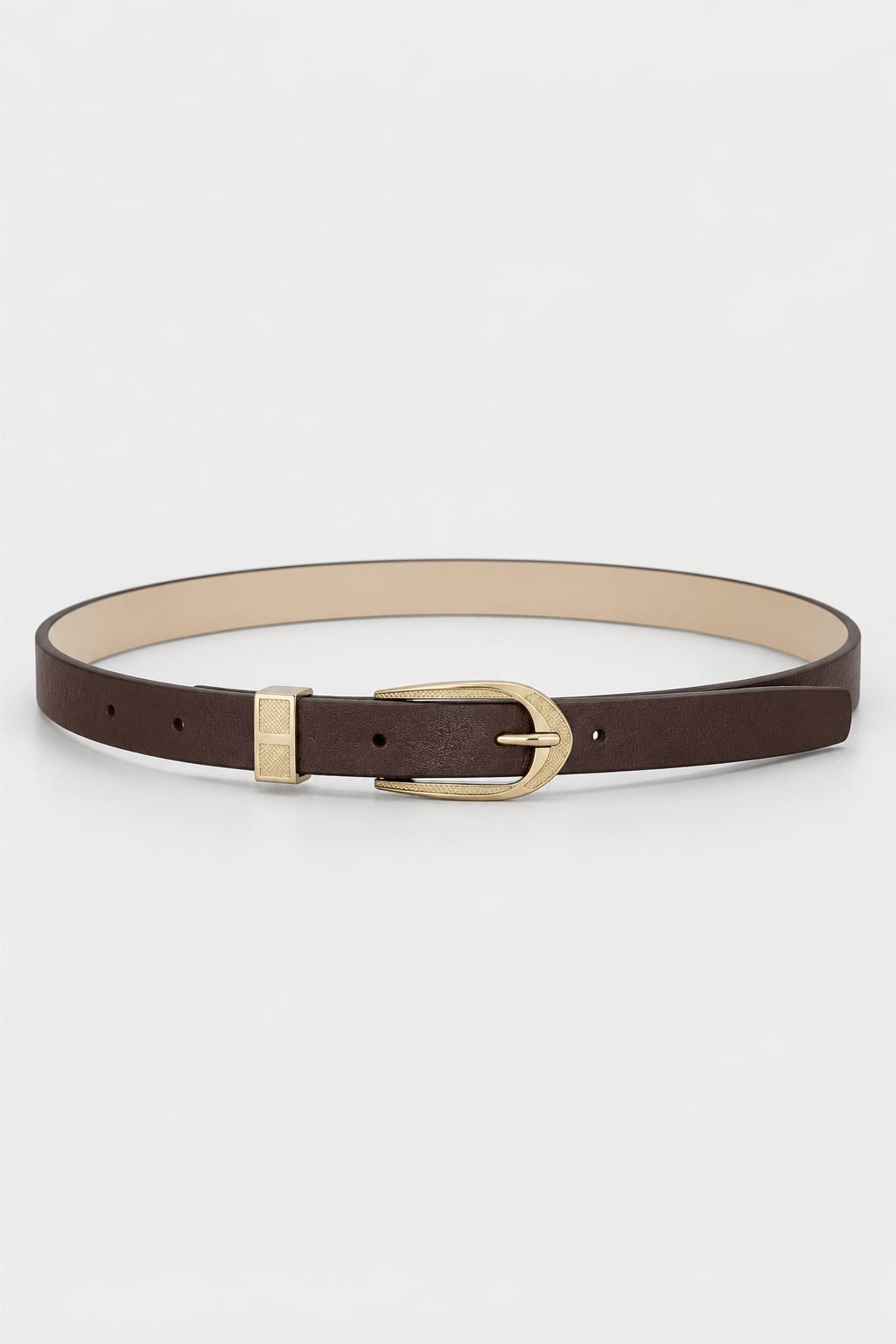 Dark Brown Slim Belt with Textured Gold Oval Buckle