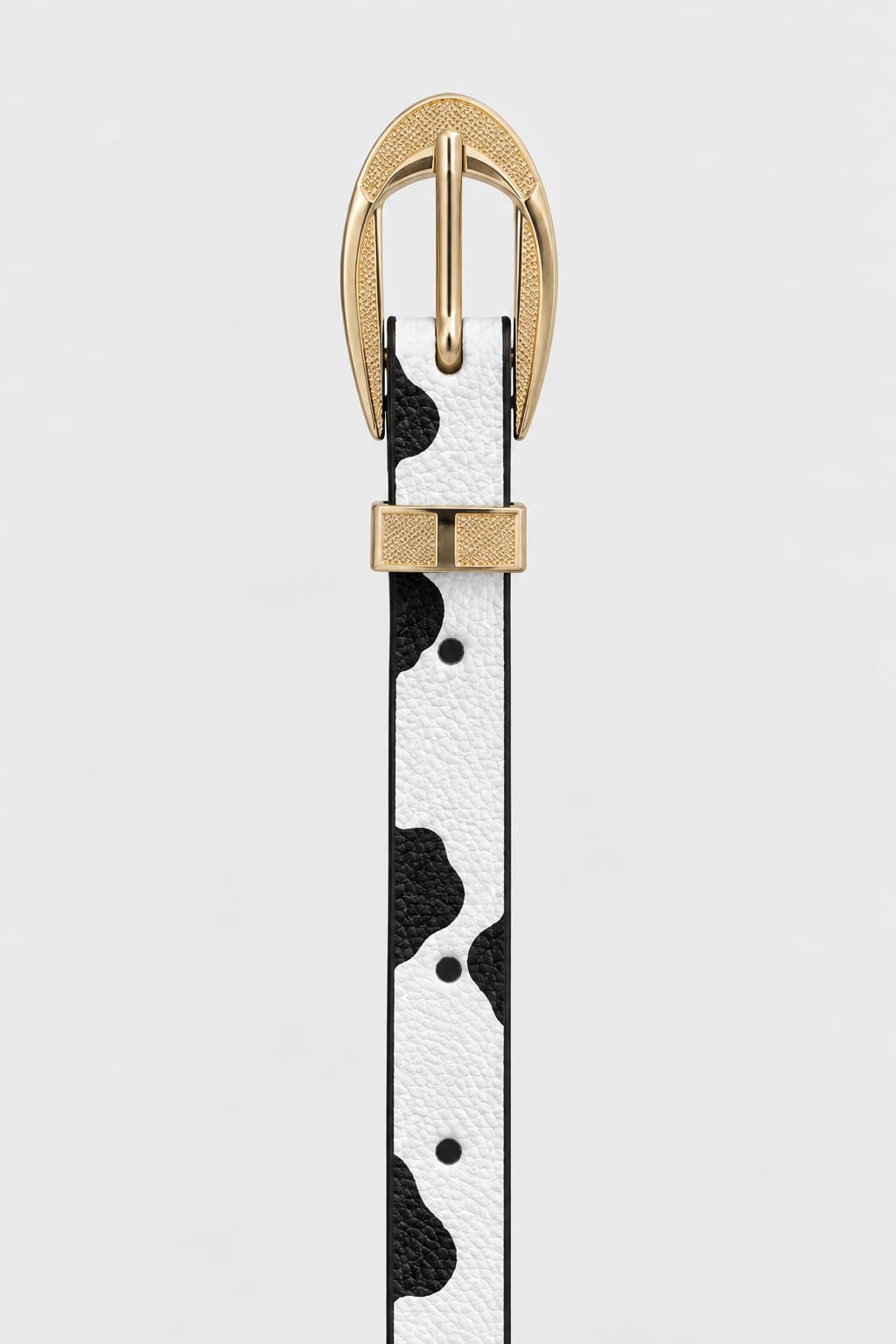 Cow Print Slim Belt with Textured Gold Oval Buckle