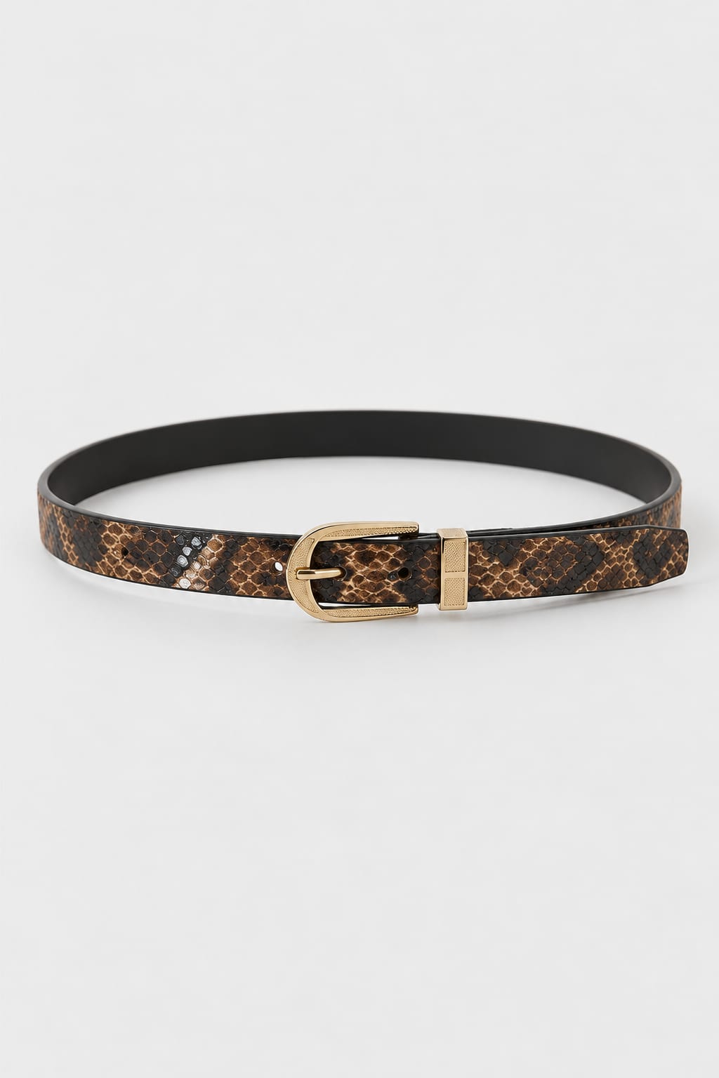 Snake Print Slim Belt with Textured Gold Oval Buckle
