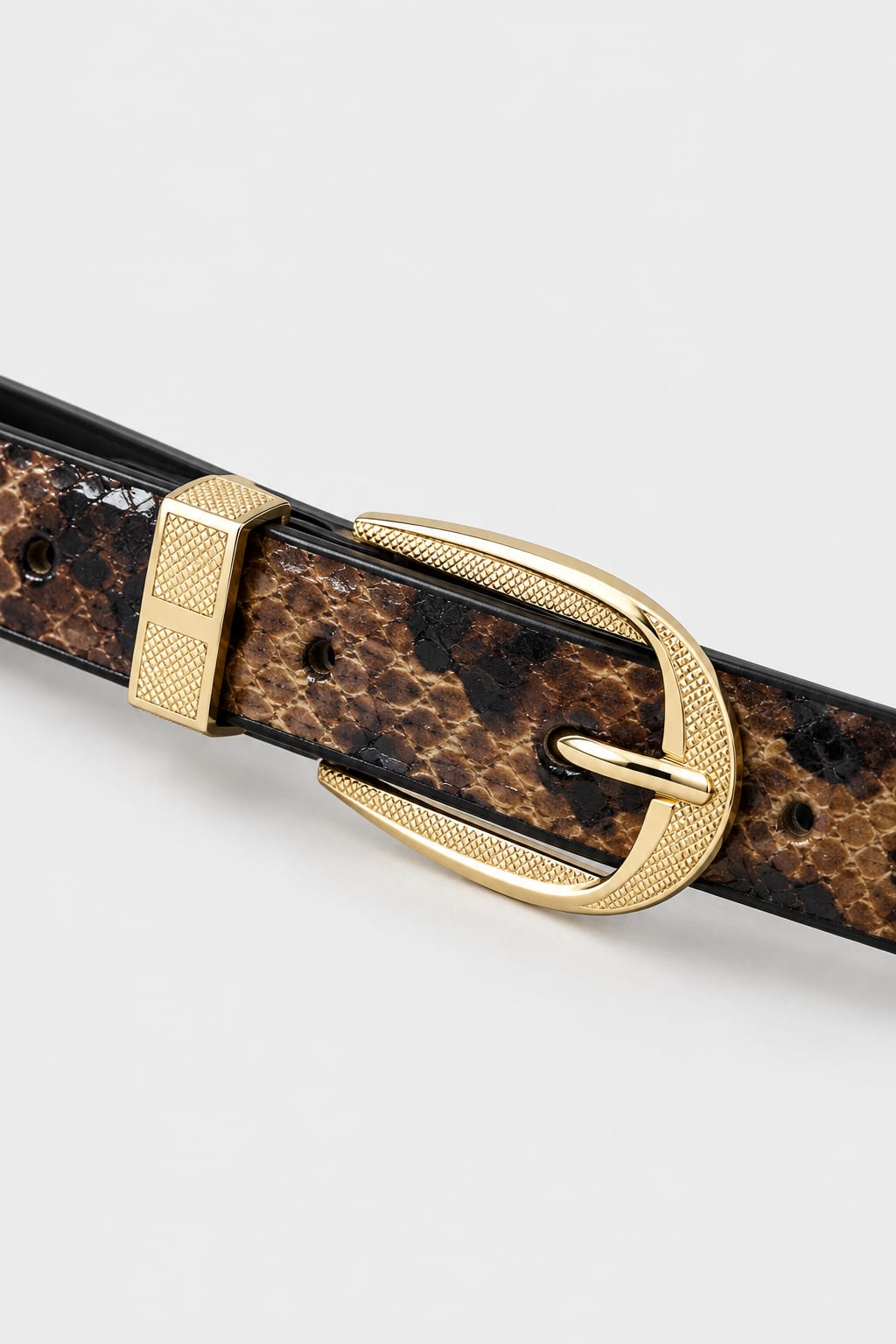 Snake Print Slim Belt with Textured Gold Oval Buckle