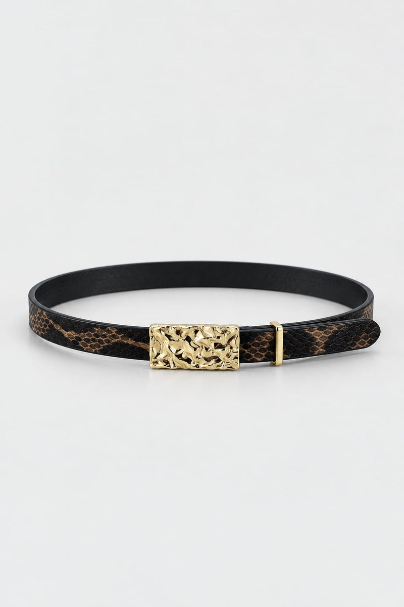 Belt | Snake Print Textured Gold-Buckle Gold Belt CIZARO - Cizaro Jeans