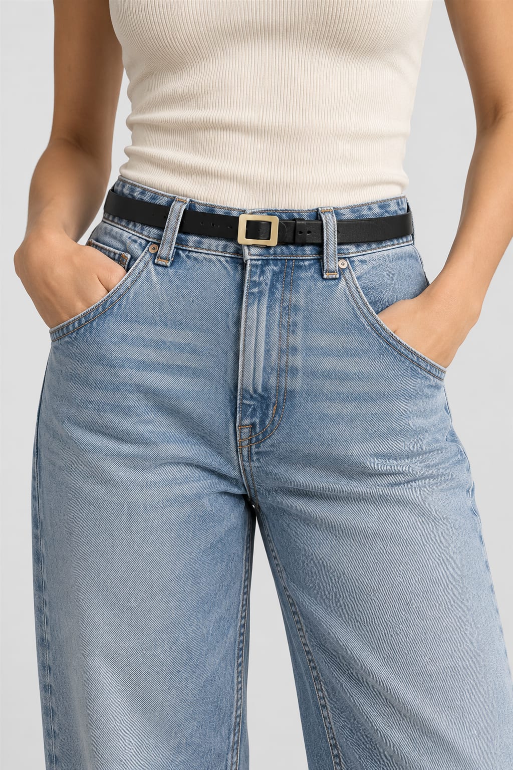 Black Slim Belt with Gold Square Buckle