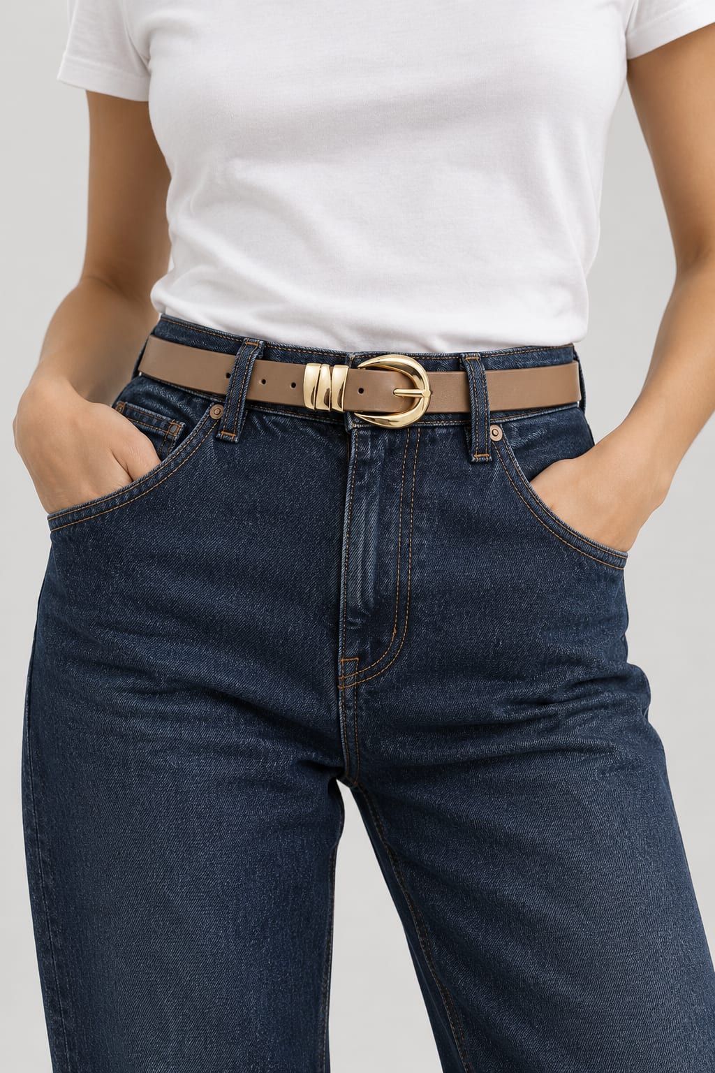 Belt | Beige Slim Gold Round Buckle
