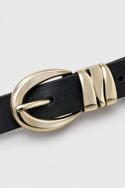 Black Slim Belt with Gold Round Buckle