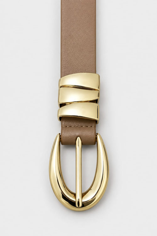 Brown Slim Belt with Gold Round Buckle