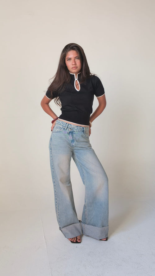 Baggy Mid-Waist Light Vintage Blue Turn-Up Jeans Baggy CIZARO - Cizaro Jeans