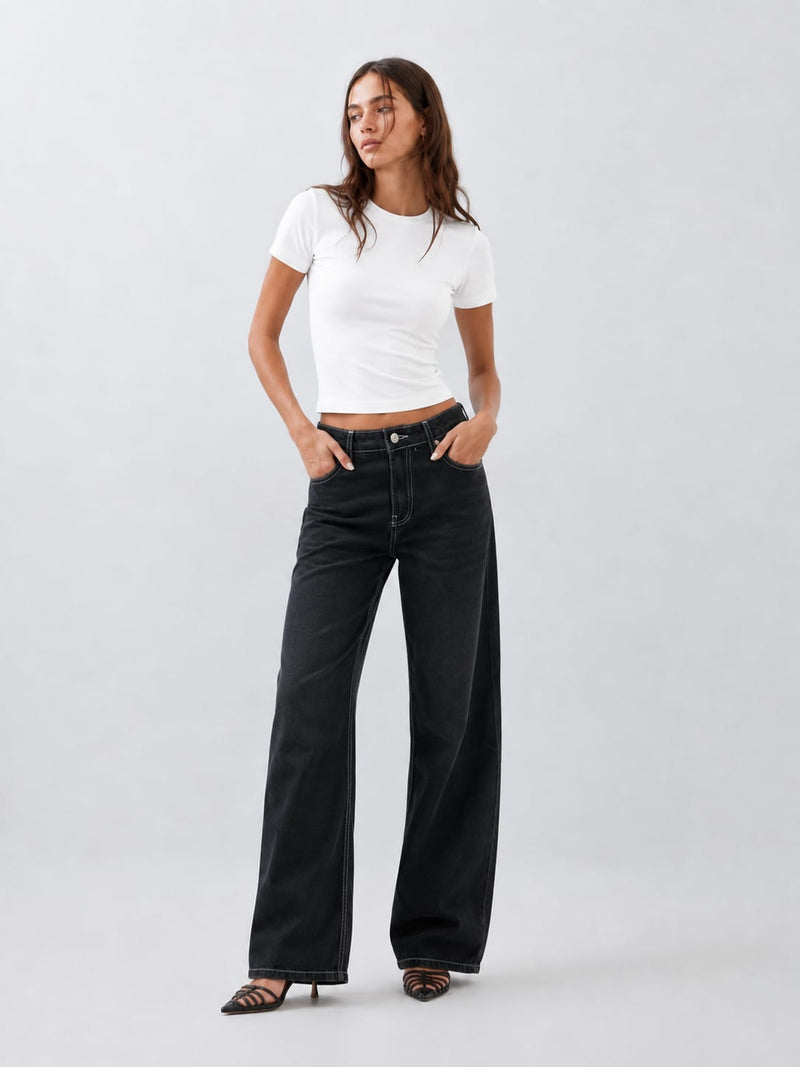 Baggy Mid-Waist Washed Black Jeans Baggy CIZARO - Cizaro Jeans