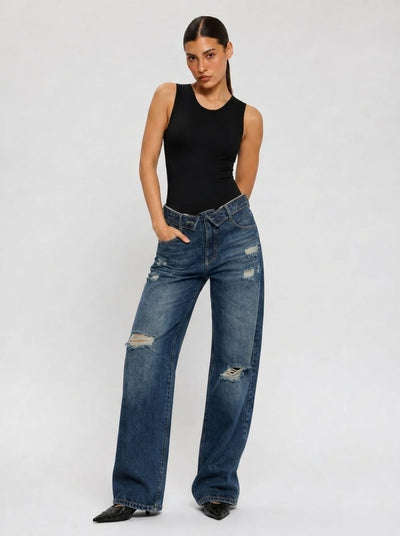 Baggy Low-Waist Dark Vintage Blue Ripped Jeans Baggy CIZARO - Cizaro Jeans