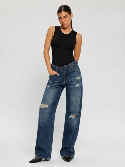 Baggy Low-Waist Dark Vintage Blue Ripped Jeans Baggy CIZARO - Cizaro Jeans