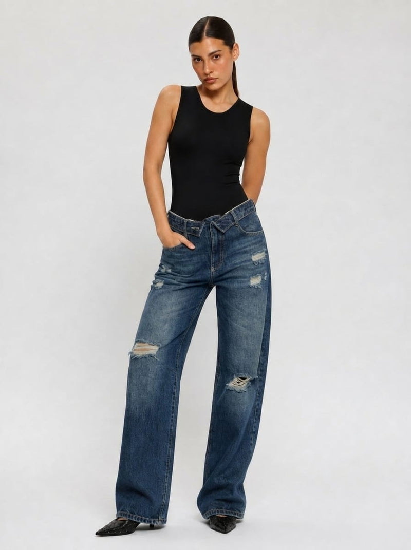Baggy Low-Waist Dark Vintage Blue Ripped Jeans Baggy CIZARO - Cizaro Jeans