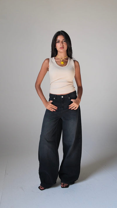 High-Waist Washed Black Baggy Jeans Baggy CIZARO - Cizaro Jeans