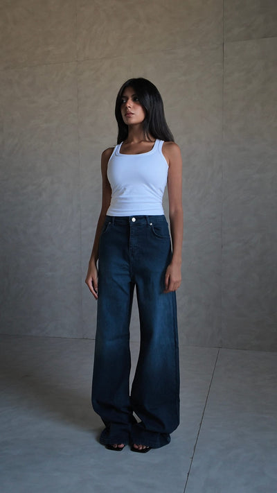 Women's Oversized Baggy High-Waist Dark Vintage Blue Jeans – Cizaro (view 1)