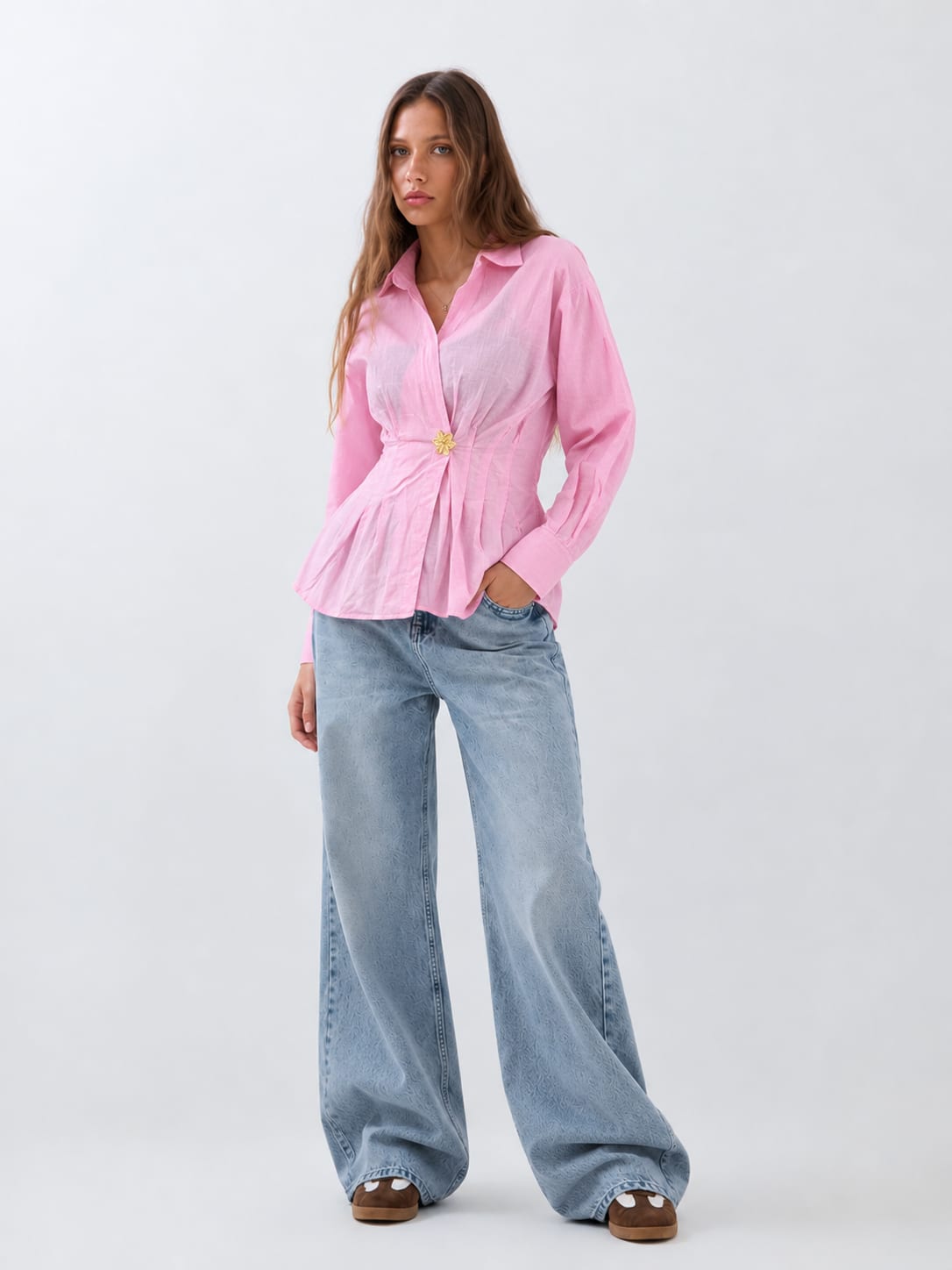 Women Long Sleeve Pink Wrap Blouse