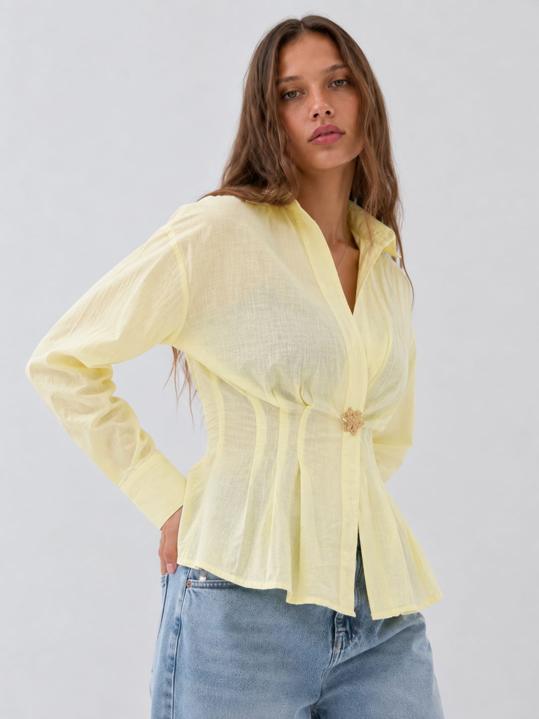 Women Long Sleeve Butter Yellow Blouse