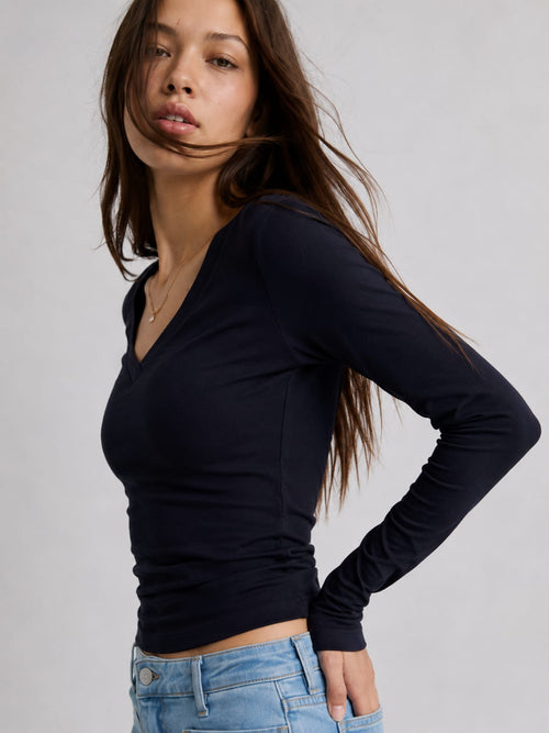 Long sleeve V-Neck Basic Top – Navy Blue Basic Top CIZARO - Cizaro Jeans