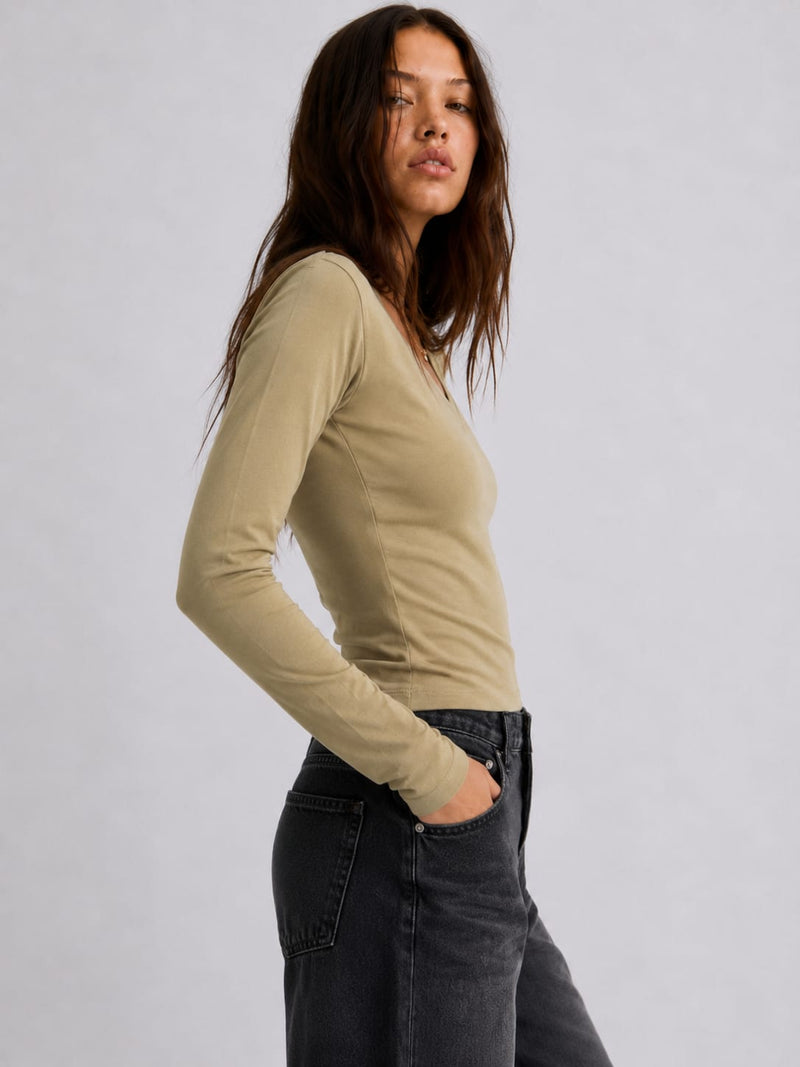 Long sleeve V-Neck Basic Top – Café Basic Top CIZARO - Cizaro Jeans