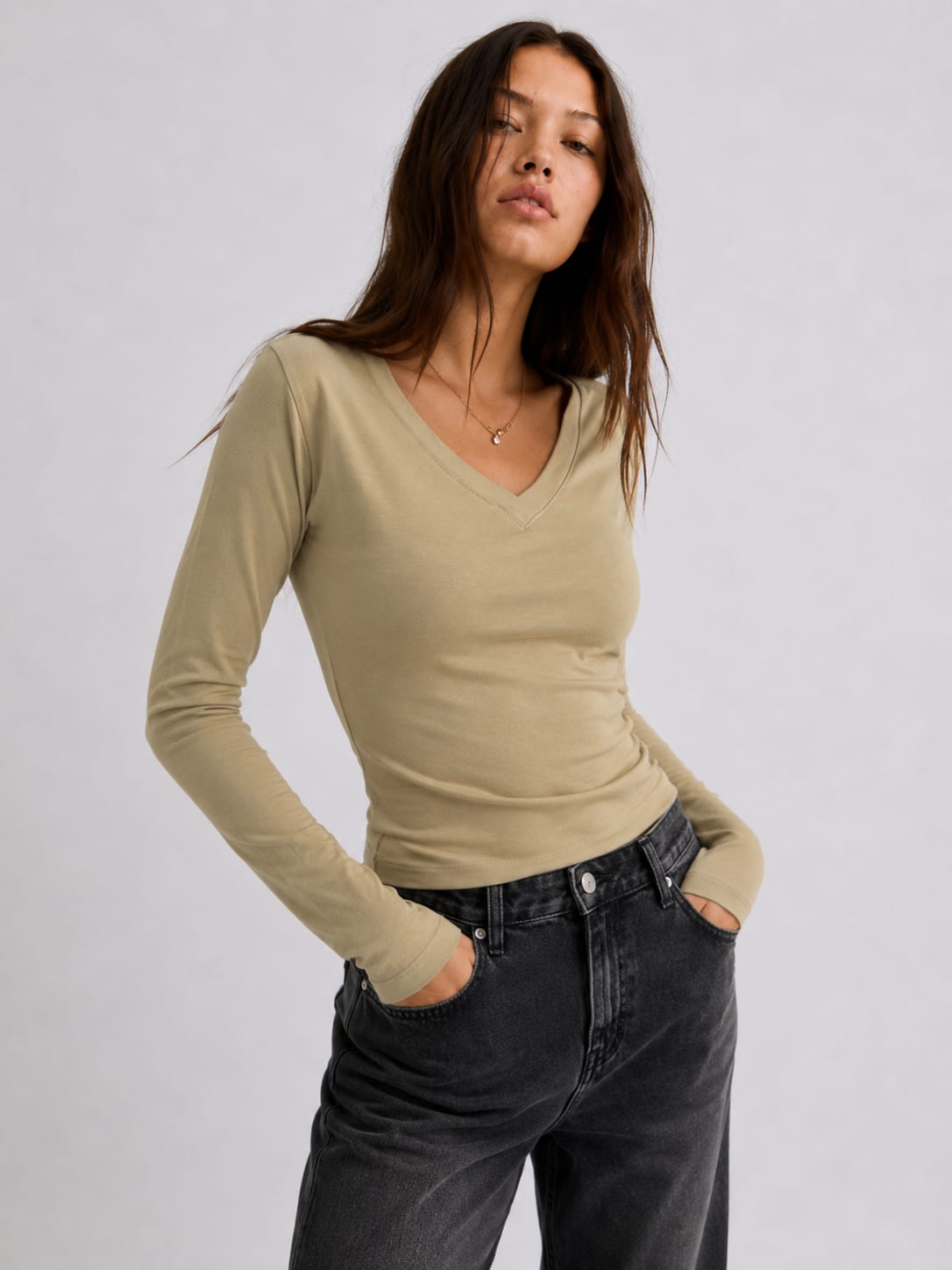 Long sleeve V-Neck Basic Top – Café