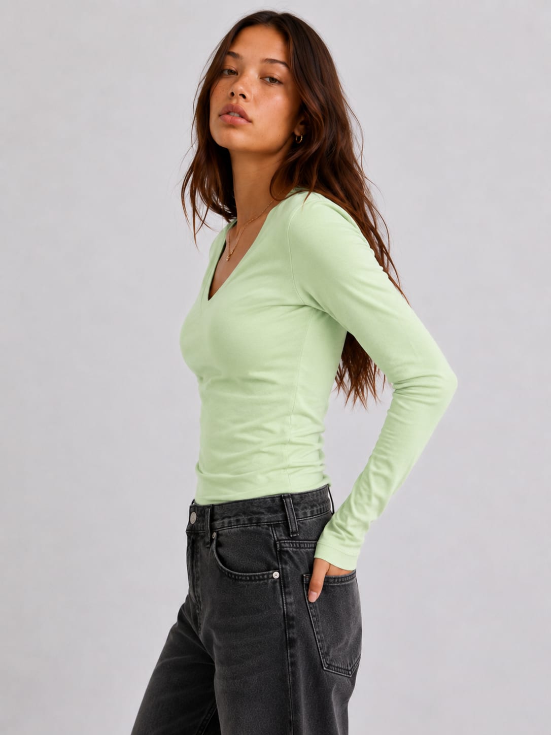 Long sleeve V-Neck Basic Top – Green