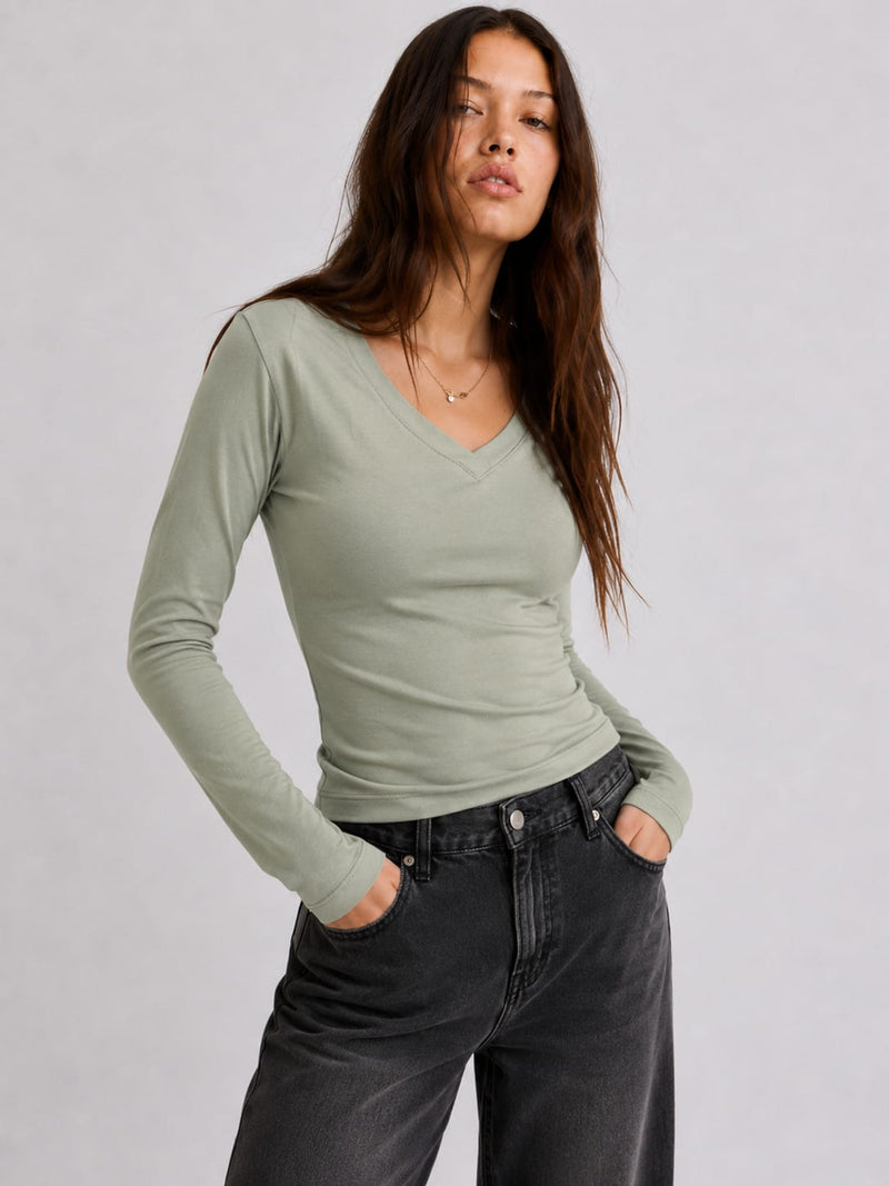 Long sleeve V-Neck Basic Top – Olive Basic top CIZARO - Cizaro Jeans