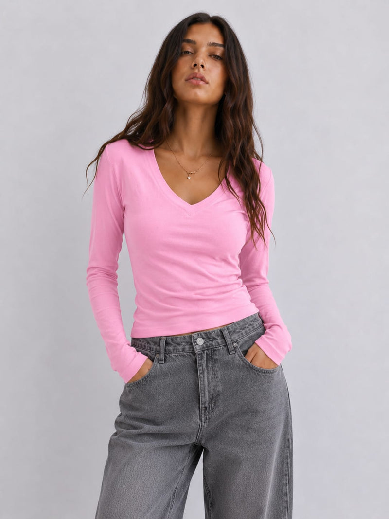 Long sleeve V-Neck Basic Top – Pink Basic Top CIZARO - Cizaro Jeans