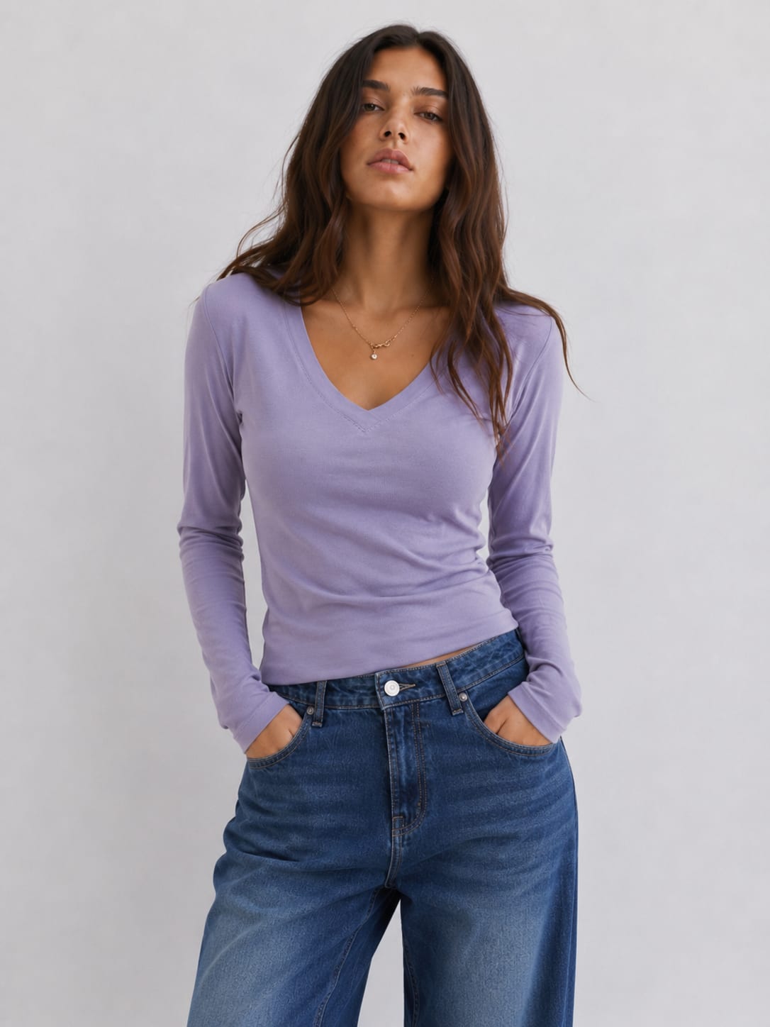 Long sleeve V-Neck Basic Top – Purple