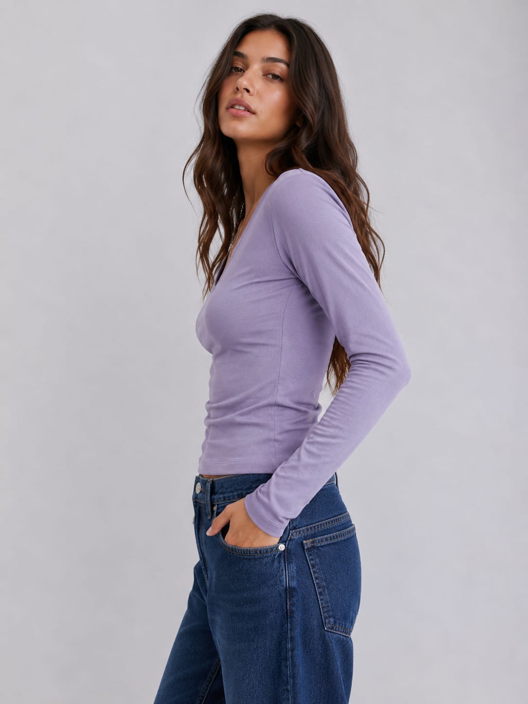 Long sleeve V-Neck Basic Top – Purple