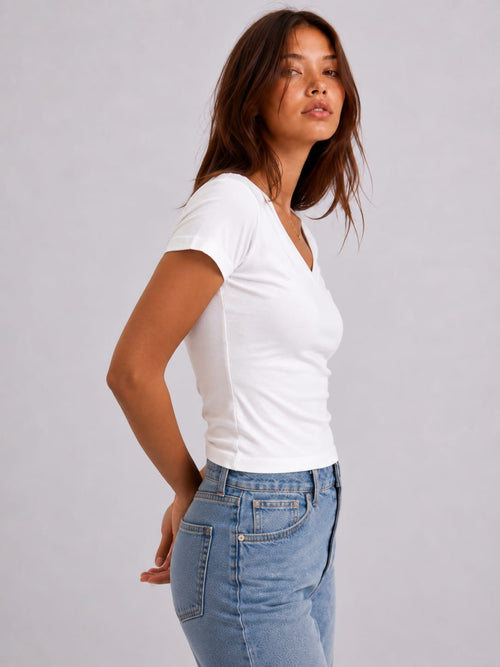 V-Neck Basic Top – White Basic Top CIZARO - Cizaro Jeans