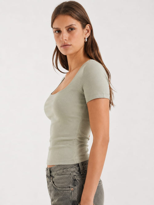 Women Olive Short Sleeve Square Neck Basic Top Top CIZARO - Cizaro Jeans