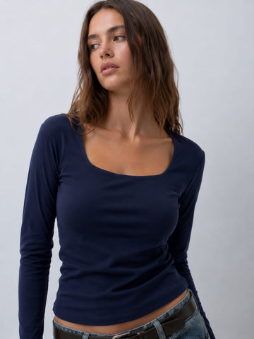 Women Long Sleeve blue Scoop Neck Basic Top Basic Top CIZARO - Cizaro Jeans