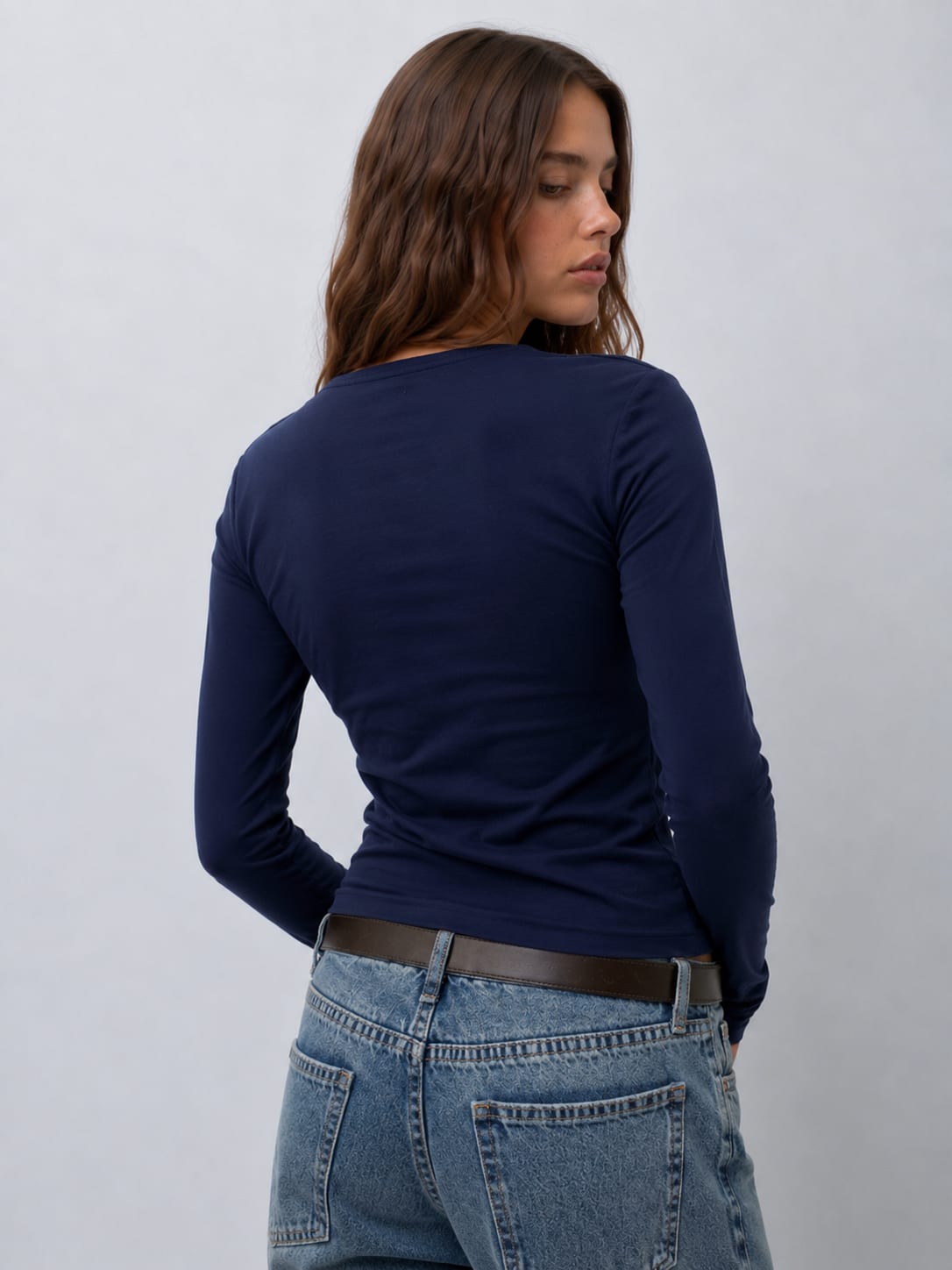 Women Long Sleeve blue Scoop Neck Basic Top