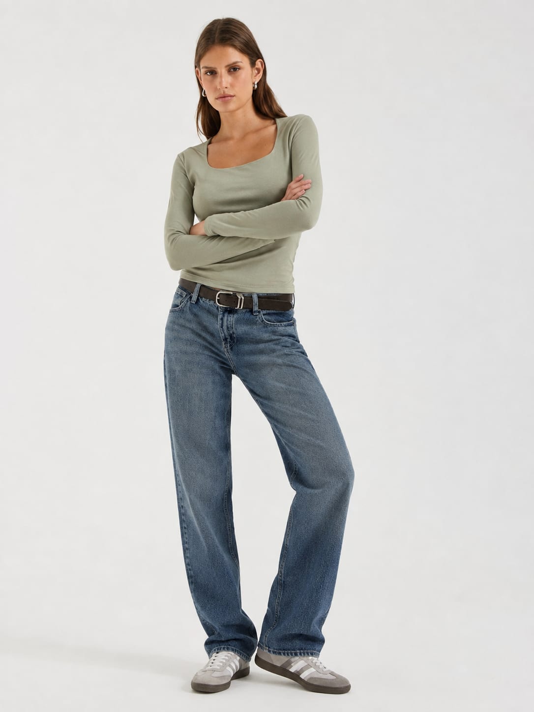 Women Long Sleeve olive  Square Neck Basic Top