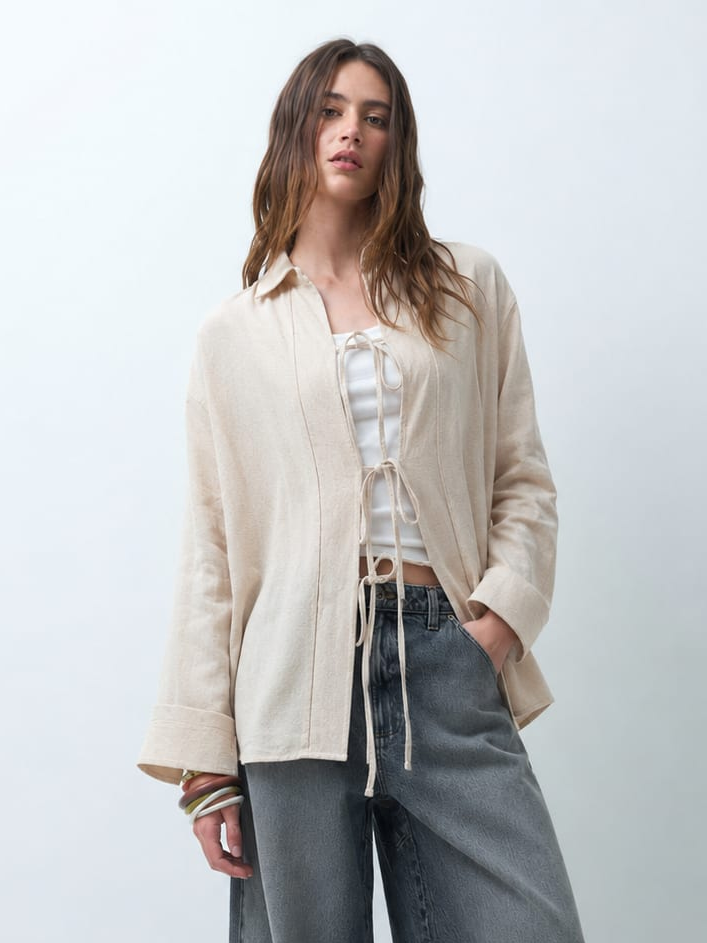 Linen Blend Open Front Cardigan – Beige