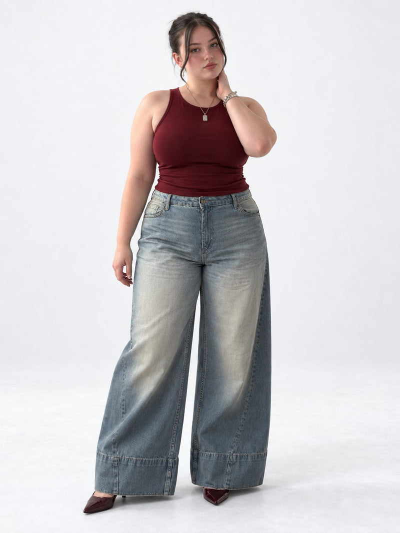 Extreme Wide Leg Curvy Fit Light Vintage Blue Jeans Extreme Wide Leg Curvy Fit CIZARO - Cizaro Jeans