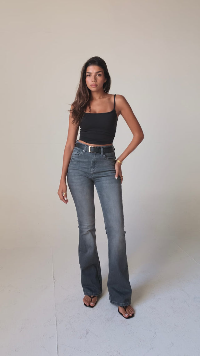 Flare High-Waist Washed Grey Jeans