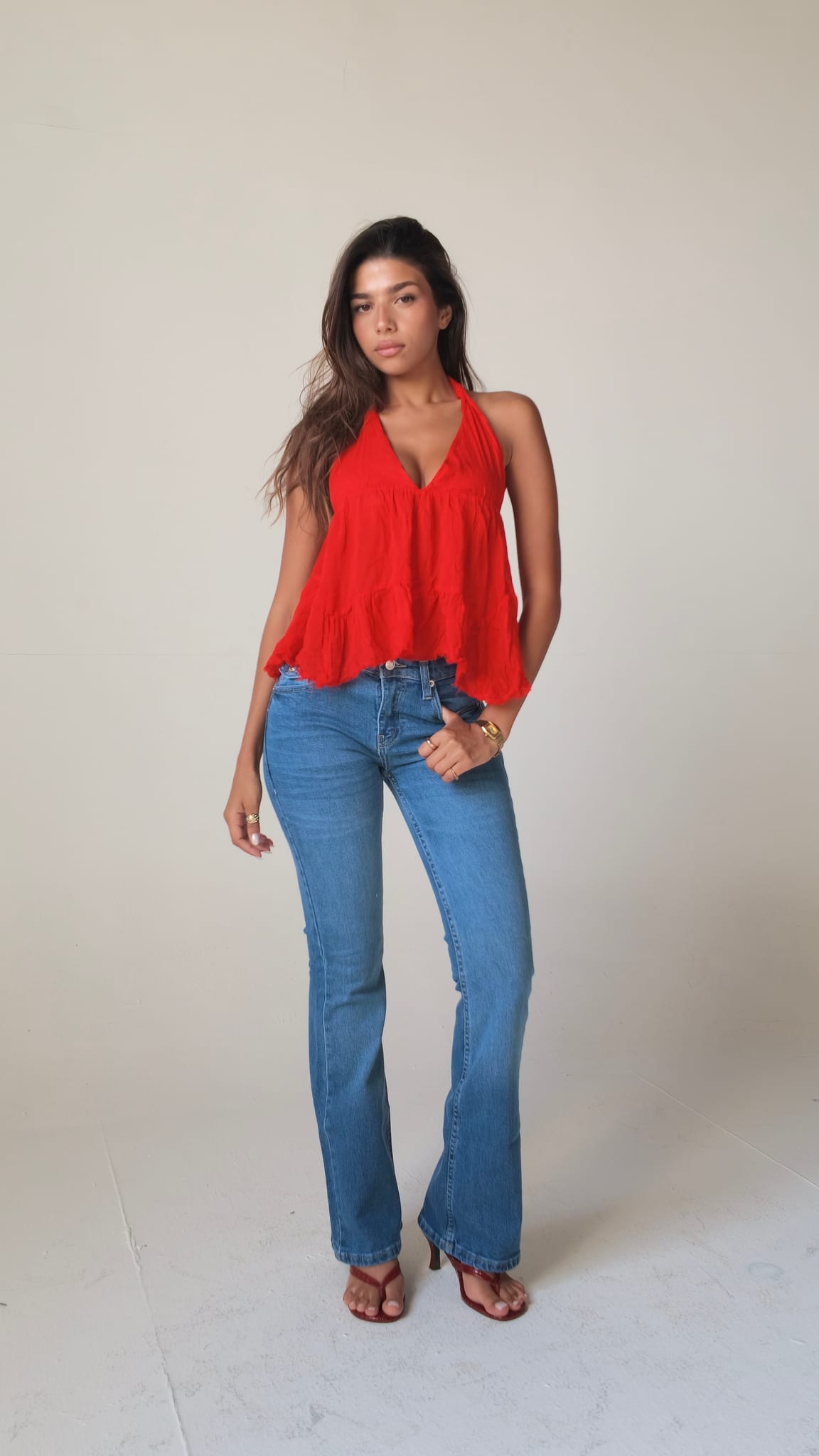 Flare Flap pocket high waist Washed Blue jeans