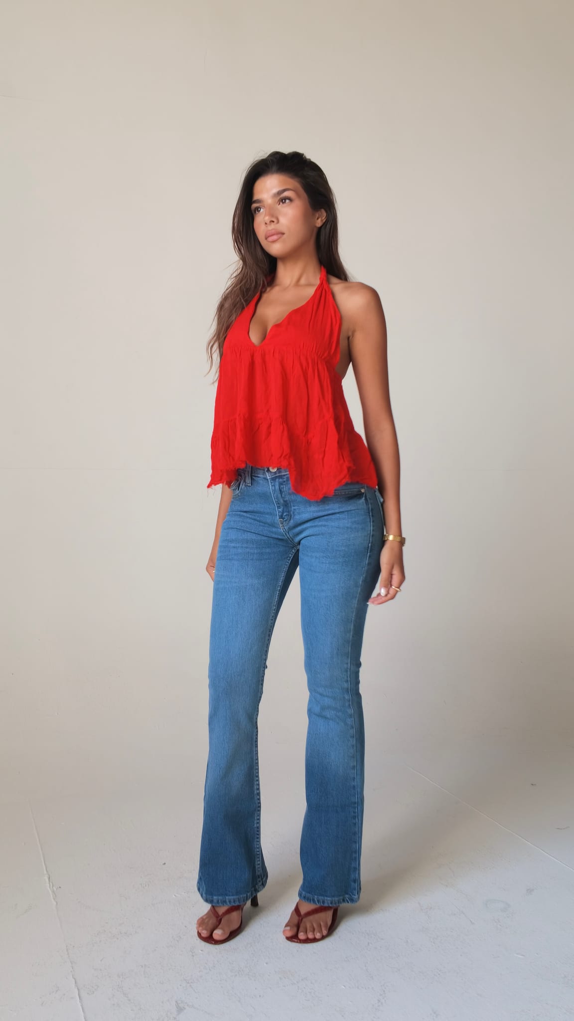 Flare Flap pocket high waist Washed Blue jeans