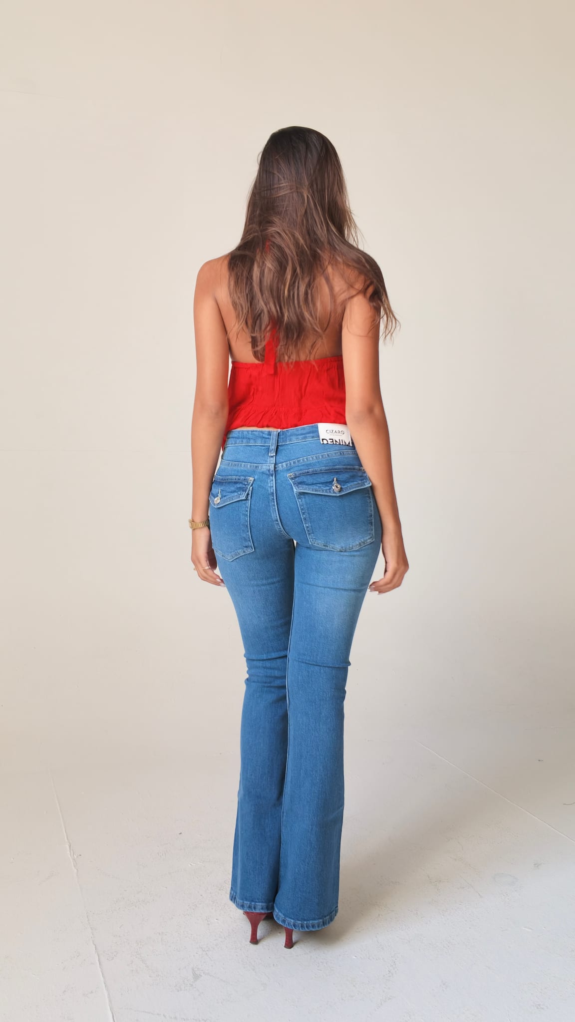 Flare Flap pocket high waist Washed Blue jeans