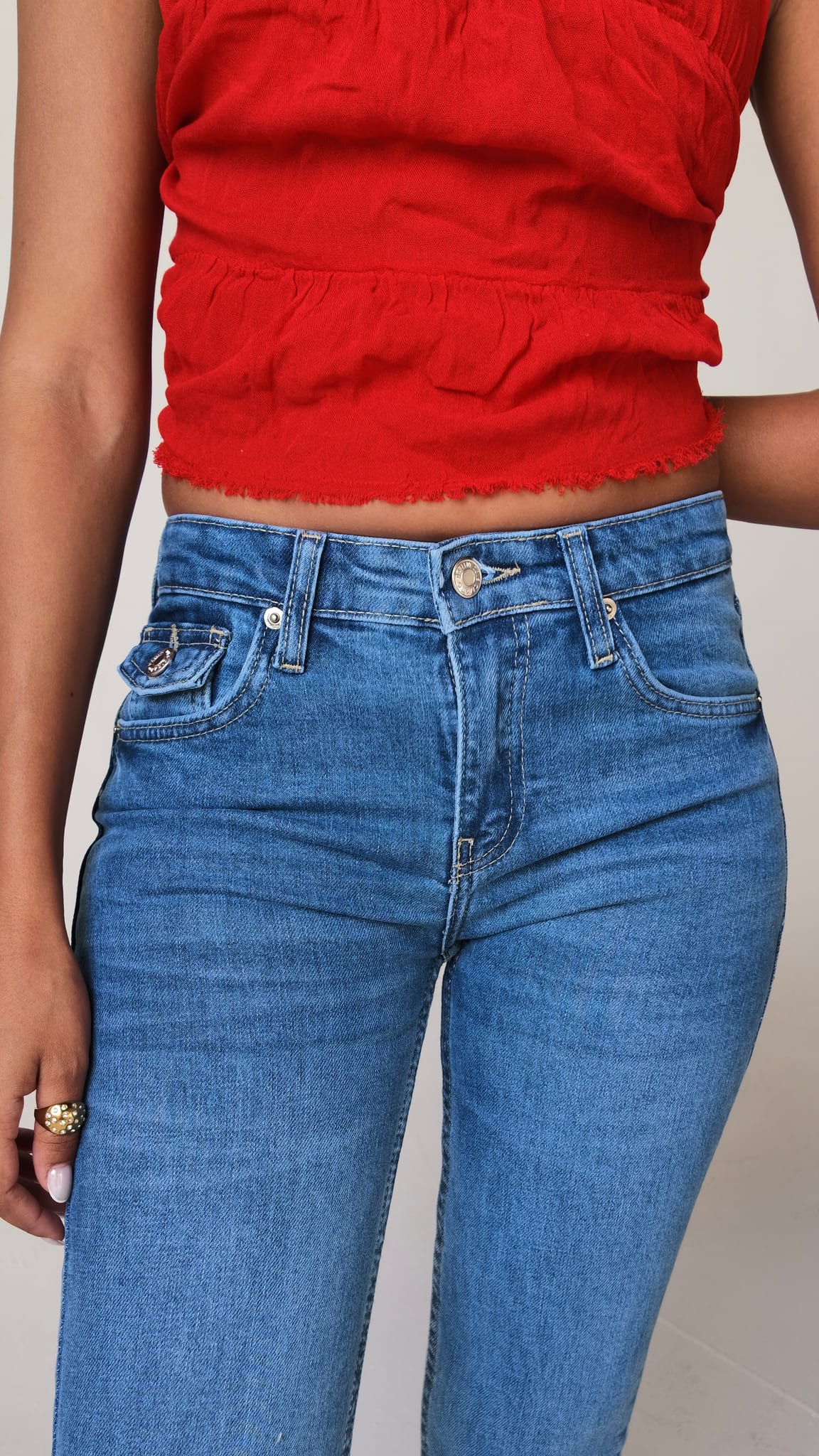Flare Flap pocket high waist Washed Blue jeans
