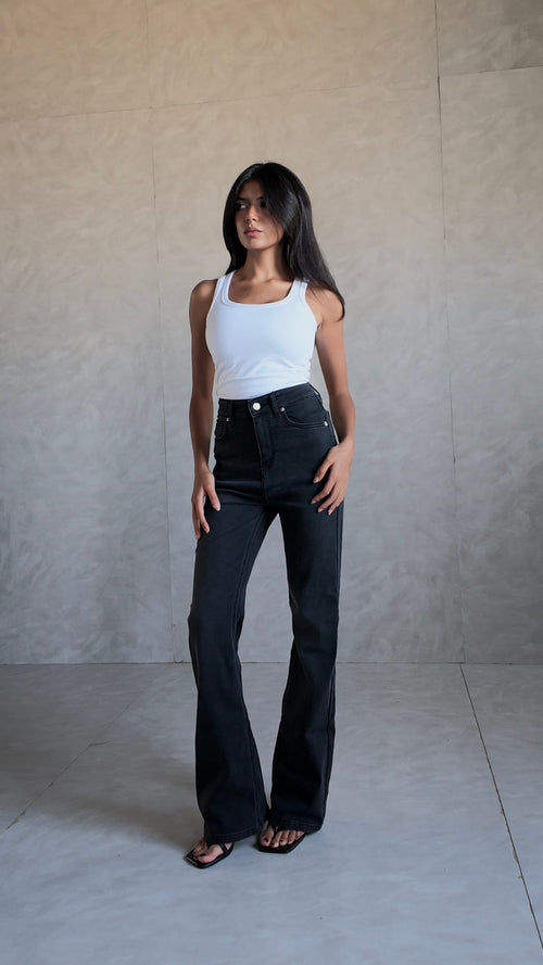 Flare High-Waist Charcoal Black Jeans Flare CIZARO - Cizaro Jeans